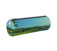 JKLQWC Golf Course by The sea Printed Cylinder Pencil Case with Silver Zipper - Lightweight Leather Organizer for School, Office, Travel, Makeup