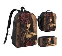 JKLQWC Gothic Rose Girl Print Backpack Set 3-Piece, 17-Inch School Bag with Insulated Lunch Bag & Pencil Case for Students Teens Girls Boys