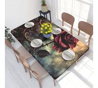 JKLQWC gothic Rose Printed Rectangle Tablecloth 4Ft Elastic Fitted Fabric Table Cover - Waterproof, Oil-Resistant, Washable for Picnics Camping Weddings