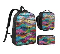 JKLQWC Graffiti Colorful Brick Print Backpack Set 3-Piece, 17-Inch School Bag with Insulated Lunch Bag & Pencil Case for Students Teens Girls Boys