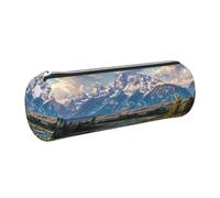JKLQWC Grand Teton National Park Printed Cylinder Pencil Case with Silver Zipper - Lightweight Leather Organizer for School, Office, Travel, Makeup