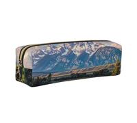 JKLQWC Grand Teton National Park Printed Leather Pencil Case with Gold Zipper - Simple and Lightweight Organizer for School, Office, Travel, Makeup
