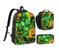 JKLQWC Green Ghost Horror Halloween Print Backpack Set 3-Piece, 17-Inch School Bag with Insulated Lunch Bag & Pencil Case for Students Teens Girls Boys