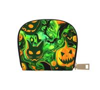 JKLQWC Green Ghost Horror Halloween Printed Card Wallet for Women Men Cute Zipper Card Cases Holder Mini Coin Purse with 12 Card Slots