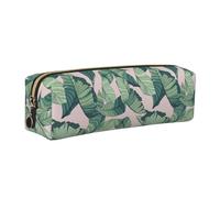 JKLQWC Green Palm Tree Leaves Pink Printed Leather Pencil Case with Gold Zipper - Simple and Lightweight Organizer for School, Office, Travel, Makeup