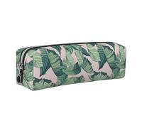 JKLQWC Green Palm Tree Leaves Pink Printed Leather Pencil Case with Silver Zipper - Simple and Lightweight Organizer for School, Office, Travel, Makeup