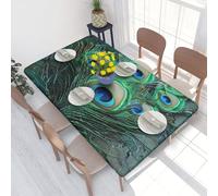JKLQWC Green Peacock Feather Printed Rectangle Tablecloth 4Ft Elastic Fitted Fabric Table Cover - Waterproof, Oil-Resistant, Washable for Picnics Camping Weddings