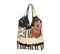 JKLQWC Guitar Piano Pattern Printed Foldable Shopping Bag 1 PCS, Reusable Grocery Tote Bags for Daily Shopping and Travel