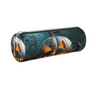 JKLQWC Halloween Cemetery Bat Printed Cylinder Pencil Case with Silver Zipper - Lightweight Leather Organizer for School, Office, Travel, Makeup