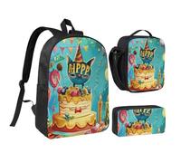 JKLQWC Happy Birthday Print Backpack Set 3-Piece, 17-Inch School Bag with Insulated Lunch Bag & Pencil Case for Students Teens Girls Boys