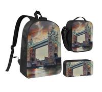 JKLQWC Historic Old Bridge London Print Backpack Set 3-Piece, 17-Inch School Bag with Insulated Lunch Bag & Pencil Case for Students Teens Girls Boys