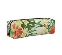 JKLQWC hojas tropicales y Flores Printed Leather Pencil Case with Silver Zipper - Simple and Lightweight Organizer for School, Office, Travel, Makeup