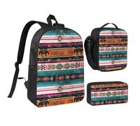 JKLQWC Horses Print Print Backpack Set 3-Piece, 17-Inch School Bag with Insulated Lunch Bag & Pencil Case for Students Teens Girls Boys
