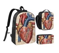 JKLQWC Human Anatomy Heart Chart Print Backpack Set 3-Piece, 17-Inch School Bag with Insulated Lunch Bag & Pencil Case for Students Teens Girls Boys