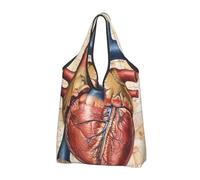JKLQWC Human Anatomy Heart Chart Printed Foldable Shopping Bag 3 PCS, Reusable Grocery Tote Bags for Daily Shopping and Travel