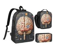 JKLQWC Human Brain Print Backpack Set 3-Piece, 17-Inch School Bag with Insulated Lunch Bag & Pencil Case for Students Teens Girls Boys