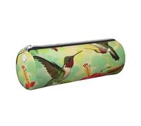 JKLQWC Hummingbirds Red Flower Hibiscus Printed Cylinder Pencil Case with Silver Zipper - Lightweight Leather Organizer for School, Office, Travel, Makeup