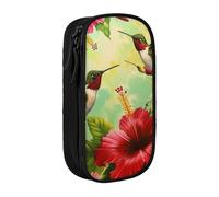 JKLQWC Hummingbirds Red Flower Hibiscus Printed Pencil Case Cute Pen Pouch Large Pen Bag Portable Storage Organizer Box for Office School Teen Girl Boy Adult,Black