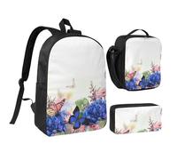 JKLQWC Hydrangeas Daisies Butterflies Print School Backpack Set of 3, 17-Inch School Bag with Insulated Lunch Bag & Pencil Case for Students Teens Girls Boys