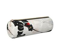 JKLQWC Ice Hockey Art Printed Cylinder Pencil Case with Gold Zipper - Lightweight Leather Organizer for School, Office, Travel, Makeup