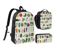 JKLQWC Introduction of Various Vegetables Print Backpack Set 3-Piece, 17-Inch School Bag with Insulated Lunch Bag & Pencil Case for Students Teens Girls Boys