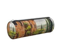 JKLQWC Italy Tuscan Printed Cylinder Pencil Case with Silver Zipper - Lightweight Leather Organizer for School, Office, Travel, Makeup