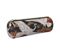 JKLQWC Japan Cranes Chrysanthemums Printed Cylinder Pencil Case with Gold Zipper - Lightweight Leather Organizer for School, Office, Travel, Makeup