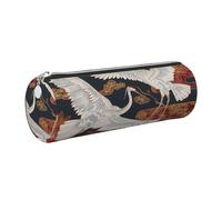 JKLQWC Japan Cranes Chrysanthemums Printed Cylinder Pencil Case with Silver Zipper - Lightweight Leather Organizer for School, Office, Travel, Makeup
