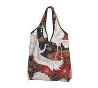 JKLQWC Japan Cranes Chrysanthemums Printed Foldable Shopping Bag 2 PCS, Reusable Grocery Tote Bags for Daily Shopping and Travel