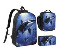 JKLQWC Killer Whale Print Backpack Set 3-Piece, 17-Inch School Bag with Insulated Lunch Bag & Pencil Case for Students Teens Girls Boys