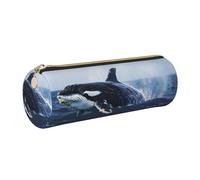 JKLQWC Killer Whale Print Printed Cylinder Pencil Case with Gold Zipper - Lightweight Leather Organizer for School, Office, Travel, Makeup