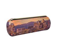 JKLQWC Las Vegas Sunset Printed Cylinder Pencil Case with Gold Zipper - Lightweight Leather Organizer for School, Office, Travel, Makeup
