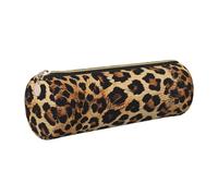 JKLQWC Leopard Pattern Printed Cylinder Pencil Case with Gold Zipper - Lightweight Leather Organizer for School, Office, Travel, Makeup