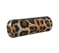 JKLQWC Leopard Pattern Printed Cylinder Pencil Case with Silver Zipper - Lightweight Leather Organizer for School, Office, Travel, Makeup
