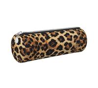 JKLQWC Leopard Pattern Printed Cylinder Pencil Case with Silver Zipper - Lightweight Leather Organizer for School, Office, Travel, Makeup