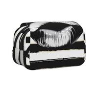 JKLQWC Lips Printed in Black and White Stripes Prints Pencil Case for Kids Men Women, Two Layers Large Capacity Pencil Pouch Makeup Bag Organizer for Office School Travel