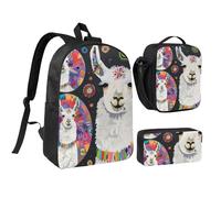 JKLQWC Llama Alpaca Print Backpack Set 3-Piece, 17-Inch School Bag with Insulated Lunch Bag & Pencil Case for Students Teens Girls Boys