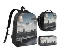 JKLQWC London Print Backpack Set 3-Piece, 17-Inch School Bag with Insulated Lunch Bag & Pencil Case for Students Teens Girls Boys