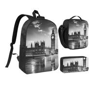 JKLQWC London Print Backpack Set 3-Piece, 17-Inch School Bag with Insulated Lunch Bag & Pencil Case for Students Teens Girls Boys