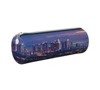 JKLQWC Los Angeles Skyline Printed Cylinder Pencil Case with Silver Zipper - Lightweight Leather Organizer for School, Office, Travel, Makeup