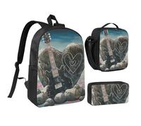 JKLQWC Love Rock Print Backpack Set 3-Piece, 17-Inch School Bag with Insulated Lunch Bag & Pencil Case for Students Teens Girls Boys