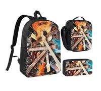 JKLQWC Magic Electric Guitar Music Print School Backpack Set of 3, 17-Inch School Bag with Insulated Lunch Bag & Pencil Case for Students Teens Girls Boys