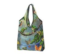 JKLQWC Many Frogs Sing on The Branches Butterflies Printed Foldable Shopping Bag 2 PCS, Reusable Grocery Tote Bags for Daily Shopping and Travel