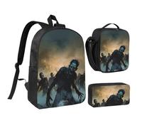 JKLQWC Many Zombie Print Backpack Set 3-Piece, 17-Inch School Bag with Insulated Lunch Bag & Pencil Case for Students Teens Girls Boys