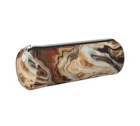 JKLQWC Marble Mixed Brown Printed Cylinder Pencil Case with Silver Zipper - Lightweight Leather Organizer for School, Office, Travel, Makeup