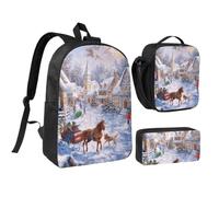 JKLQWC Merry Christmas 4 Print School Backpack Set of 3, 17-Inch School Bag with Insulated Lunch Bag & Pencil Case for Students Teens Girls Boys