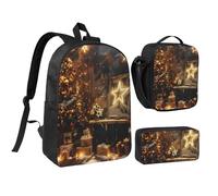 JKLQWC Merry Christmas and Happy New Year Print Backpack Set 3-Piece, 17-Inch School Bag with Insulated Lunch Bag & Pencil Case for Students Teens Girls Boys