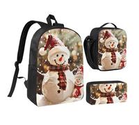 JKLQWC Merry Christmas Cute Snowman Print Backpack Set 3-Piece, 17-Inch School Bag with Insulated Lunch Bag & Pencil Case for Students Teens Girls Boys