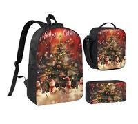 JKLQWC Merry Christmas Print Backpack Set 3-Piece, 17-Inch School Bag with Insulated Lunch Bag & Pencil Case for Students Teens Girls Boys