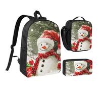 JKLQWC Merry Christmas with Happy Snowman Print Backpack Set 3-Piece, 17-Inch School Bag with Insulated Lunch Bag & Pencil Case for Students Teens Girls Boys